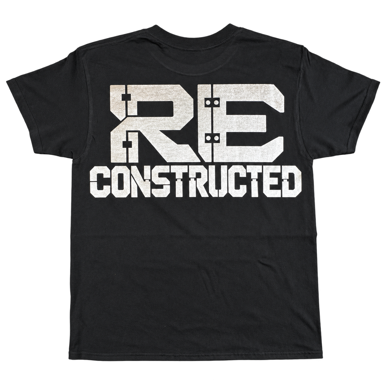 Back of the black Reconstructed T-shirt with a large metallic Reconstructed design